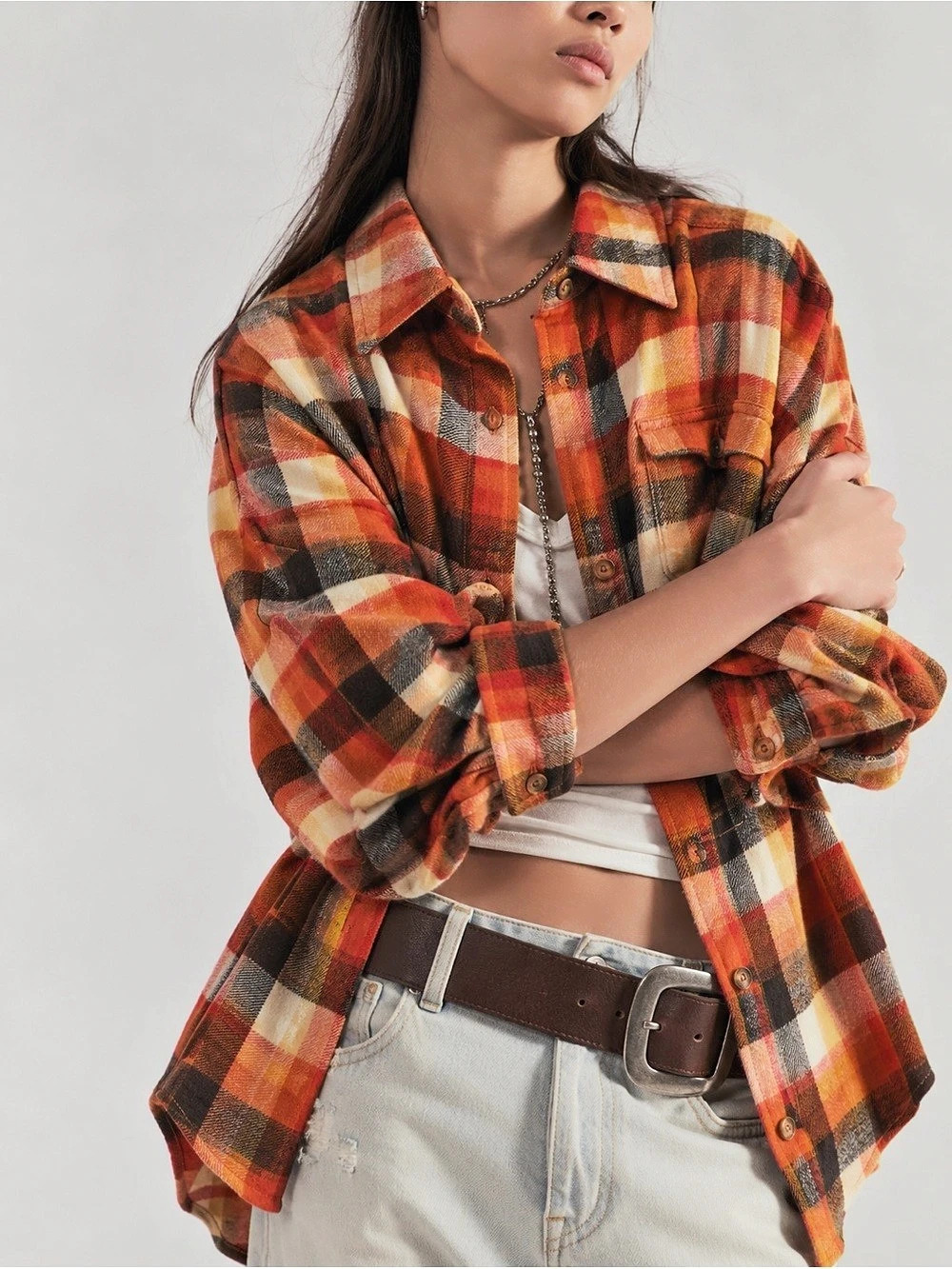 Billabong Plaid Flannel Button Down Shirt Orange Rust Size L